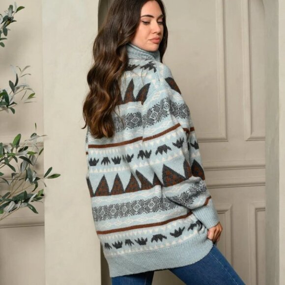 WOMEN'S TURTLE NECK MULTI PRINT SWEATER Blue - Picture 4 of 5